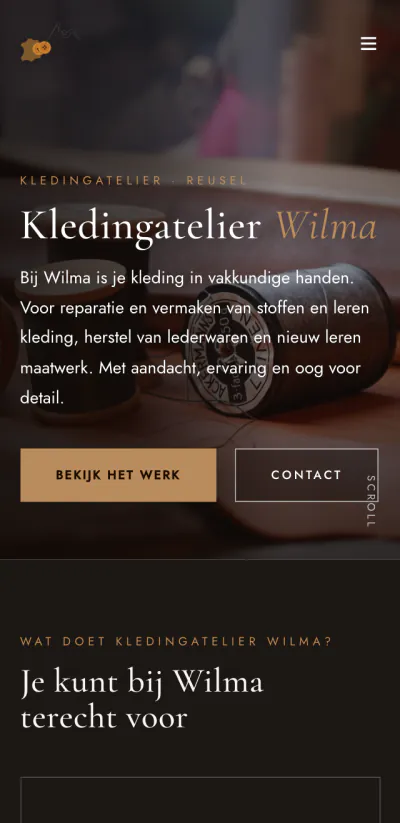 Website van Kledingatelier Wilma op mobiel